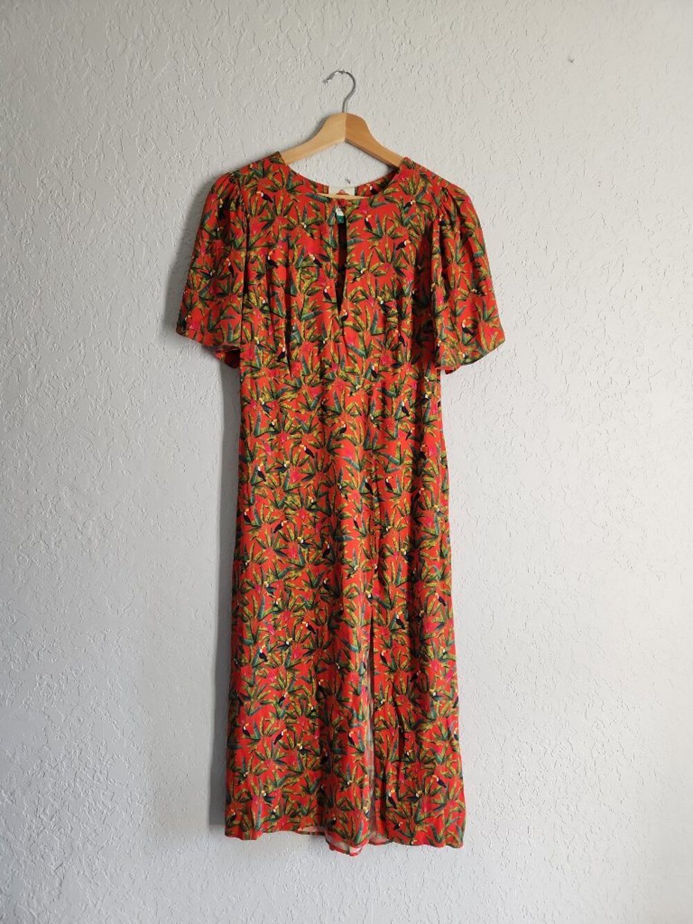 FARM Rio Tucano Paradise Midi Dress tropical parrots palm leaves print size S - Picture 5 of 15